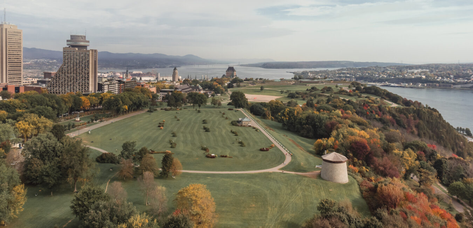 Aerial view of the Plains of Abraham in autumn